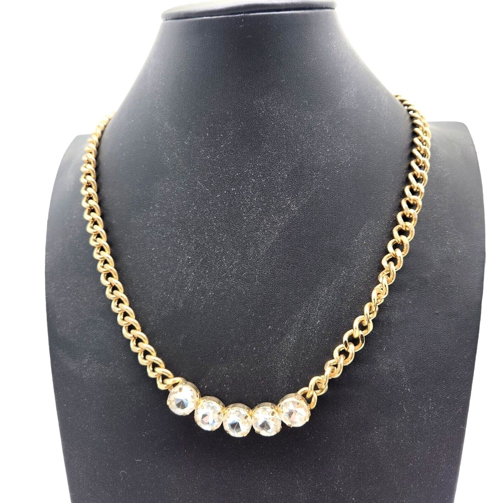 Vintage Gold-Tone Chain Necklace with 5 Clear Rhinestones Chunky Statement
